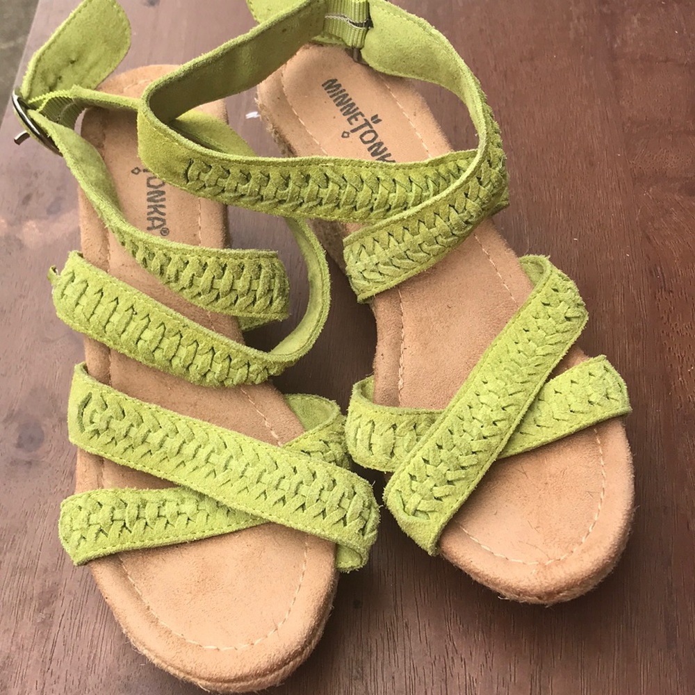 🚨B2G1 MINNETONKA Green Braided Strap Espadrille Wedge Sandals